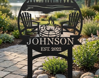 Personalized Campfire Metal Sign, Custom Family Name Campsite Stake, Outdoor Fire Pit Monogram Plaque, RV Park Decor, Forest Adventure Art