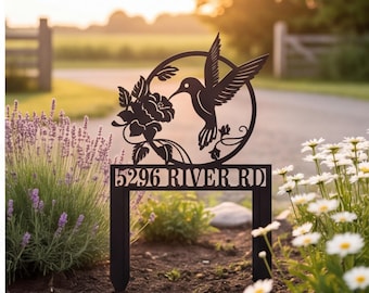 Personalisierte Kolibri Gartenschild, individuelle Adresse Metallpfahl, Hausnummer Plakette für draußen, moderne Kolibri Blumendekor
