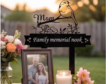 Estaca conmemorativa de petirrojo para jardín en honor a mamá, silueta de pájaro de metal, decoración de tumba de condolencia, regalo de hierro por la pérdida de una madre, letrero floral de recuerdo