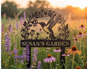 Personalized Garden Sign, Custom Metal Garden Stakes Yard Sign, Outdoor Plant Stake Decor, Hummingbird Flower Bed Sign Memorial Plaque