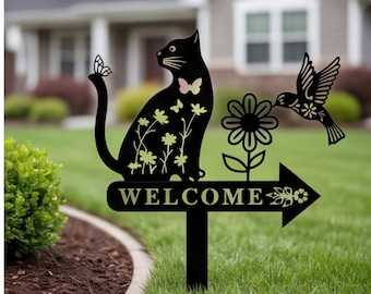 Cat and Hummingbird Garden Stake, Metal Welcome Sign for Garden Decor, Personalized Nature Yard Art, Floral Spring Outdoor Decoration