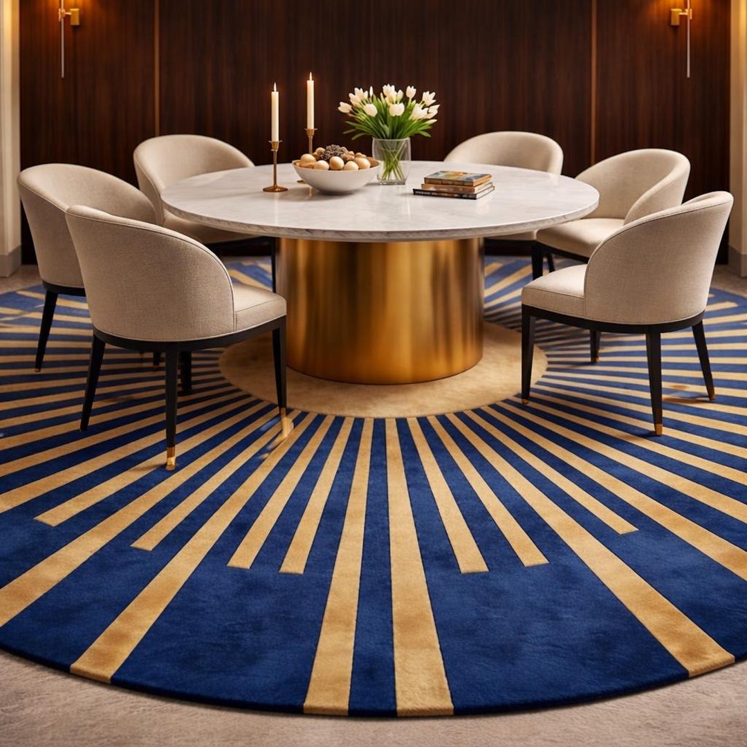 8X8 Blue Gold Round Rug | Luxury Modern Area Rug | Geometric Designer ...