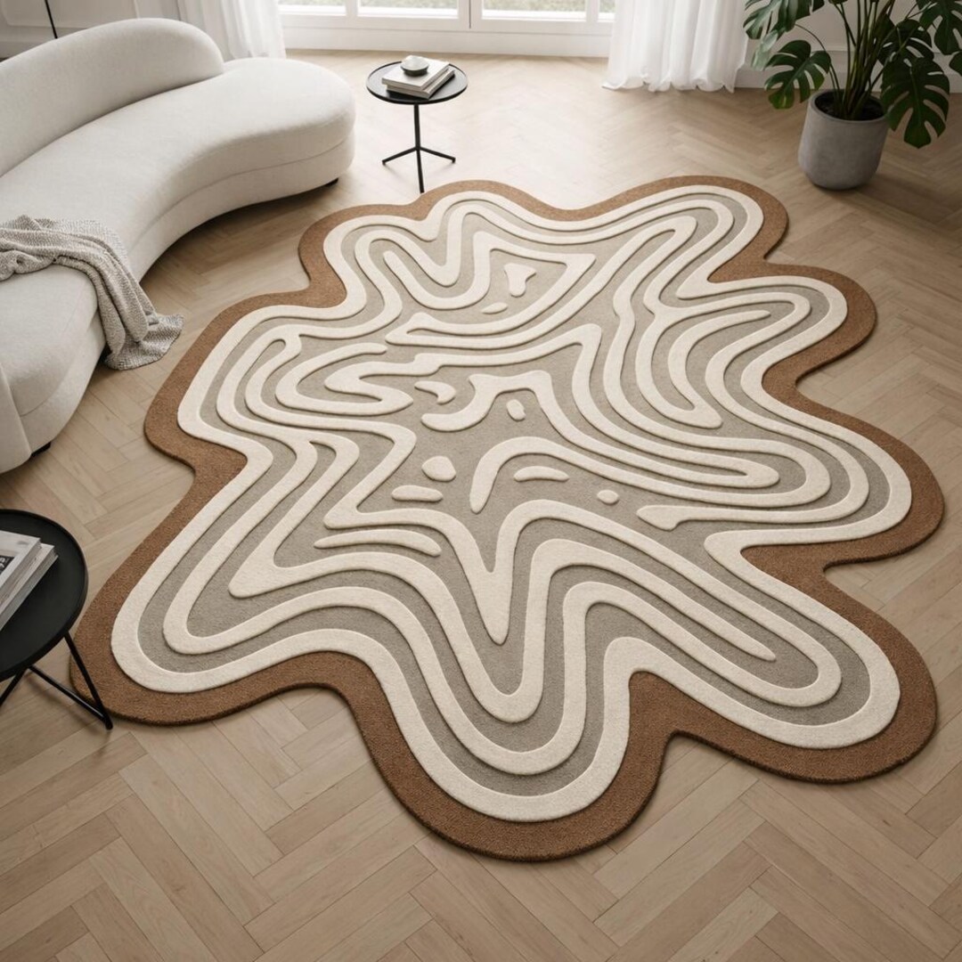 Hand Tufted Abstract Area Rug, Modern Neutral Organic Shape Rug, Beige ...