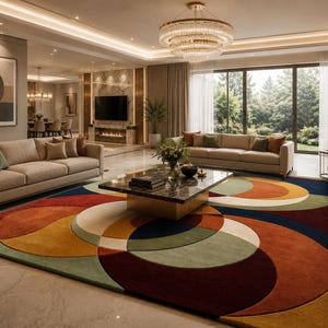 Colorful Geometric Circle Wool Rug, Hand Tufted Abstract Area Rug for Living Room, Bedroom Decor,70s rug