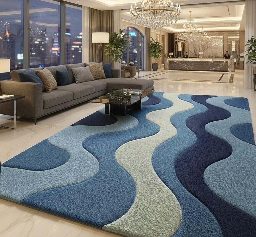 Modern Blue Wavy Area Rug, Hand Tufted Abstract Carpet, Luxury Living ...