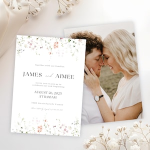 May include: Wedding invitation featuring the names "JAMES and AIMEE" with event details: August 26, 2025, at 11:00 AM. The design includes floral accents and a photograph of a couple. The invitation is white.
