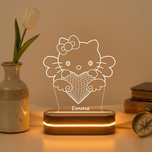 Gepersonaliseerde schattig 3D-nachtlampje met strik, lint aangepaste naam kitten lamp, kawaii cartoon kat decor, cadeau kinderkamer