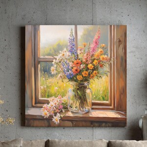 Rustic Jar of Wildflowers Wall Art | Farmhouse Canvas Print | Country Cottage Decor | Vintage Botanical Framed Canvas
