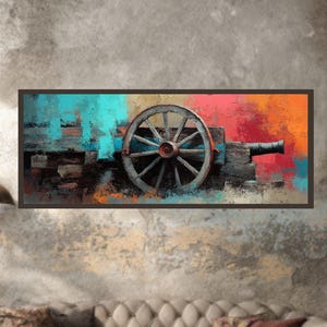 Rustic Wagon Wheel Canvas Art – Abstract Western Painting, Earth Tones