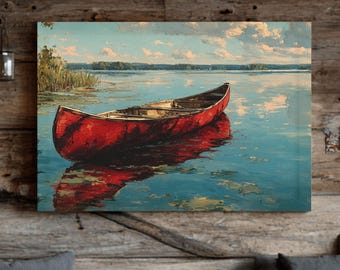 Impressão em tela rústica do Lago Red Canoe: arte de parede de chalé de fazenda