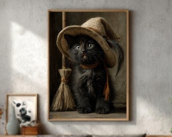 Schattige zwarte kitten heks kunst – vintage halloween kat met hoed en bezem, Jean Lorrain stijl schilderij, rustieke herfst canvas/poster/ingelijste print