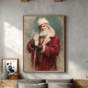 Rustic Santa Coffee Art – Vintage Style St. Nick Portrait with Mug, Warm Neutral Holiday Wall Decor, Canvas/Framed Print
