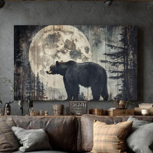 Canvas Rustieke zwarte beer: maanverlichte decoratie boerderijhut