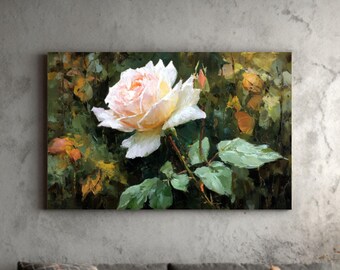 Rustic Rose Oil Painting – Soft Pink & White Petals, Abstract Nature Background, Detailed Floral Canvas, Poster, or Framed Art