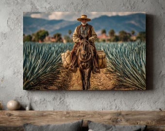 Tequila Agave Field Wall Art – Man on Horseback with Blue Agaves, Cinematic Mexican Landscape Painting Print Rustic Canvas Decor
