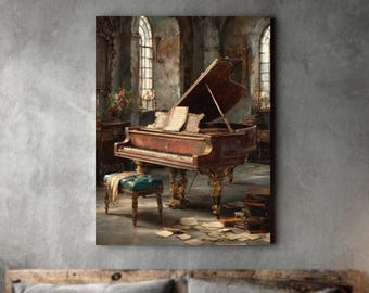 Rustic Piano Oil Painting – Antique Music Room with Sheet Notes & Rustic Decor, Classic Instrument Wall Art Canvas or Framed Print
