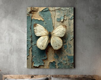 Rustic Butterfly Canvas Print – White Wings, Textured Wall Art