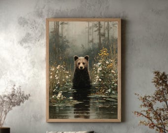 Bear in Forest Oil Painting – Rustic Wildlife Canvas Art