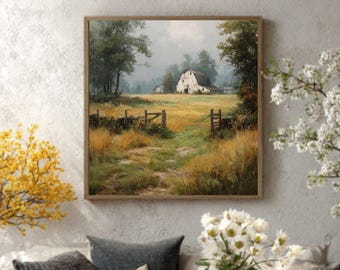 May include: A rustic living room scene featuring a wooden coffee table, a sofa with neutral-toned cushions, and a framed landscape painting of a barn. Decorative plants and flowers add a touch of nature to the cozy interior.