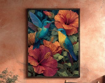 Hummingbirds and Hibiscus Painting – Colorful Tropical Birds with Pink Flowers, Rustic Nature Wall Art Print, Canvas & Framed Home Décor
