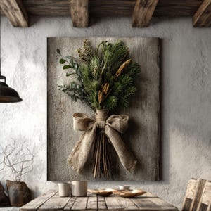 May include: A dining room with a wooden table and chairs. A wall hanging with a bundle of greenery and a burlap bow is mounted on the wall. The room has a warm atmosphere with natural light, creating a rustic and inviting space.