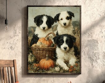 May include: A framed print depicting three black and white Border Collie puppies. They are arranged around a wicker basket filled with pumpkins. The artwork has a vintage, autumnal theme, with warm colours.
