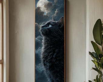 Black Cat Canvas Art – Blue Eyes, Full Moon, Fantasy Decor