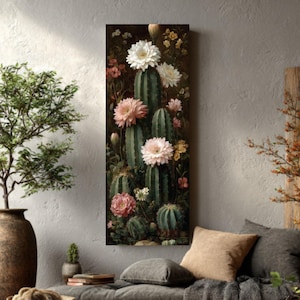 Blooming Cactus Wall Art – White & Pink Flowering Cacti on Dark Brown Background, Rustic Style Canvas and Framed Print