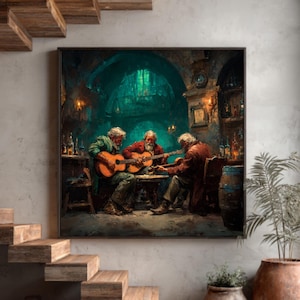 May include: A framed painting depicts three elderly men playing guitars in a dimly lit tavern. The scene is rich with warm colors, featuring wooden tables, barrels, and shelves stocked with bottles. The background suggests an arched doorway leading to a mystical, green-lit area.