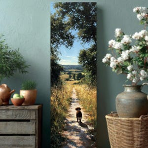 Country Road Landscape with Dachshund – Rustic English Summer Art, Canvas/Framed Canvas Dog Wall Decor
