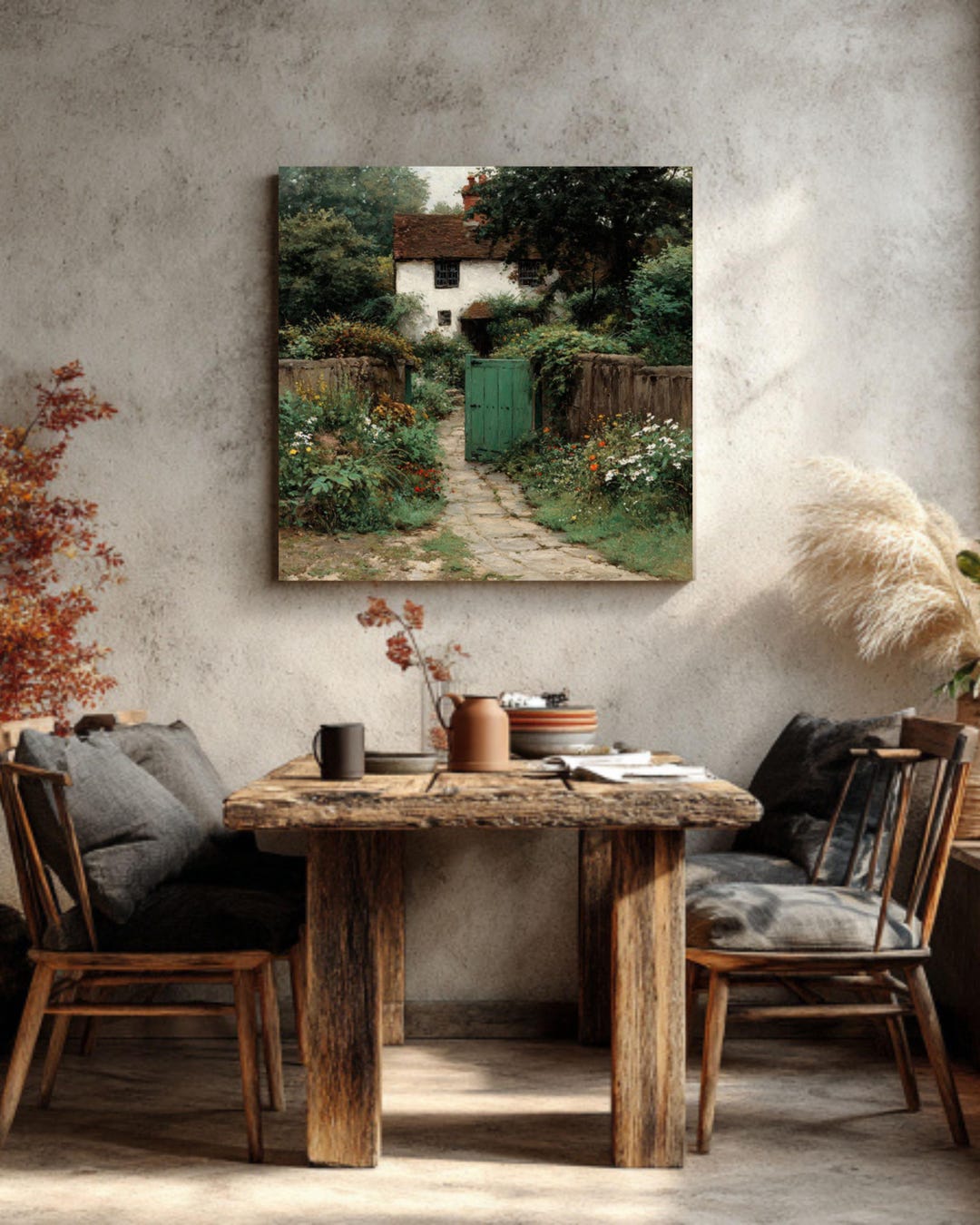 Vintage Cottage Oil Painting Canvas – Green Garden Gate, Rustic Wall ...
