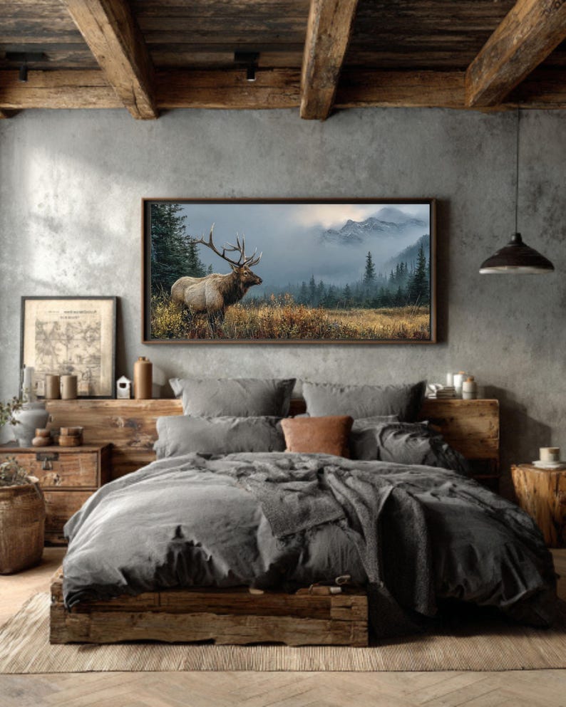 rustic-elk-landscape-oil-painting-wildlife-canvas-wall-art-etsy