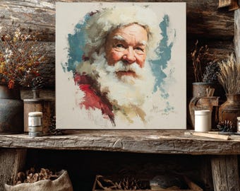 Pintura al óleo de Papá Noel enmarcada: arte rústico navideño para pared