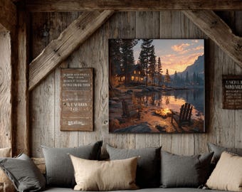 Lakeside Cabin Sunset Canvas Art: Rustic Lakehouse Wall Decor