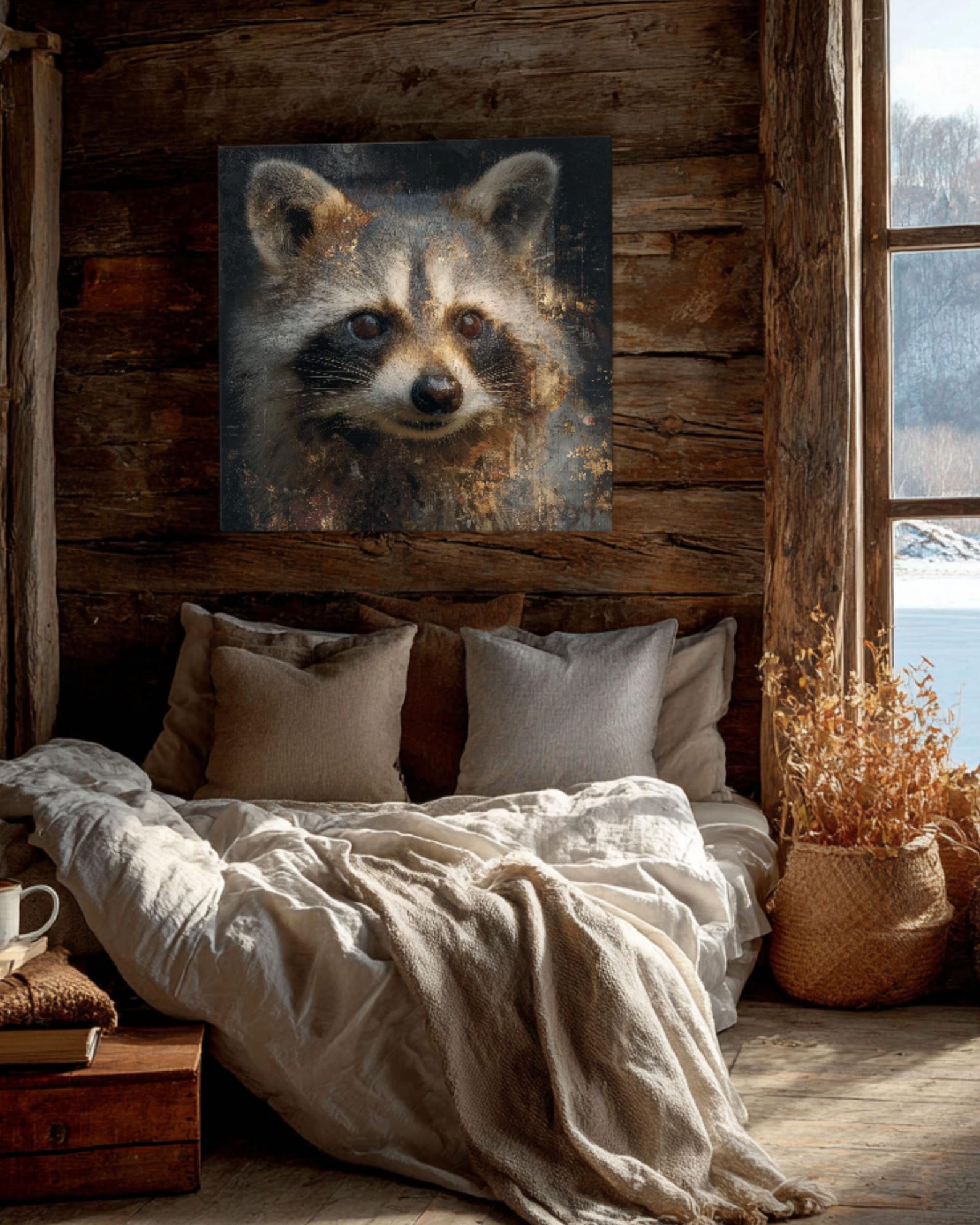 Rustic Raccoon Rustic Raccoon Canvas Wall Art: Modern Woodland Home Decor - Etsy