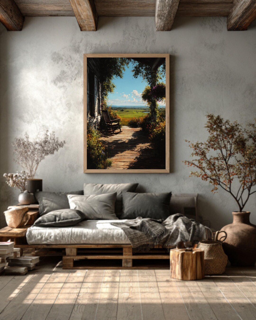 Rustic Porch View Canvas – Farmhouse Landscape Painting, Vintage Wall ...