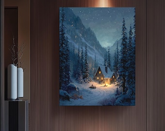 May include: A canvas print depicting a winter landscape with a cozy cabin nestled in a snowy forest. The cabin glows with warm light, surrounded by snow-covered trees and a starry night sky. The artwork evokes a sense of peace and tranquility.