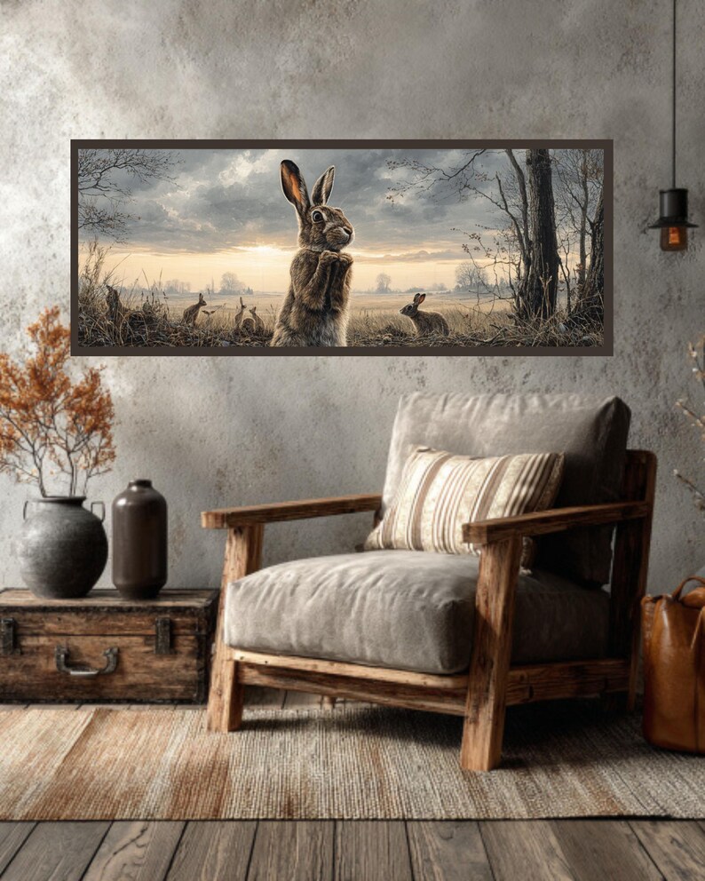 Curious Rabbit Family Wall Art – Detailed Oil Painting of Meadow, Trees ...