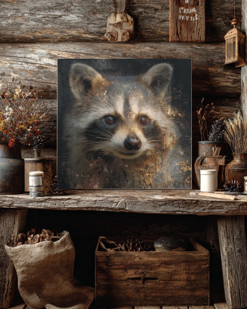 Rustic Raccoon Rustic Raccoon Canvas Wall Art: Modern Woodland Home Decor - Etsy