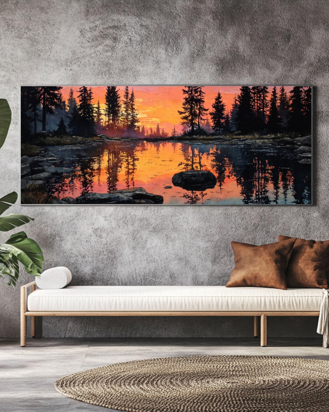 Watercolor Sunset Lake Canvas Print: Serene Pine Forest Wall Art - Etsy