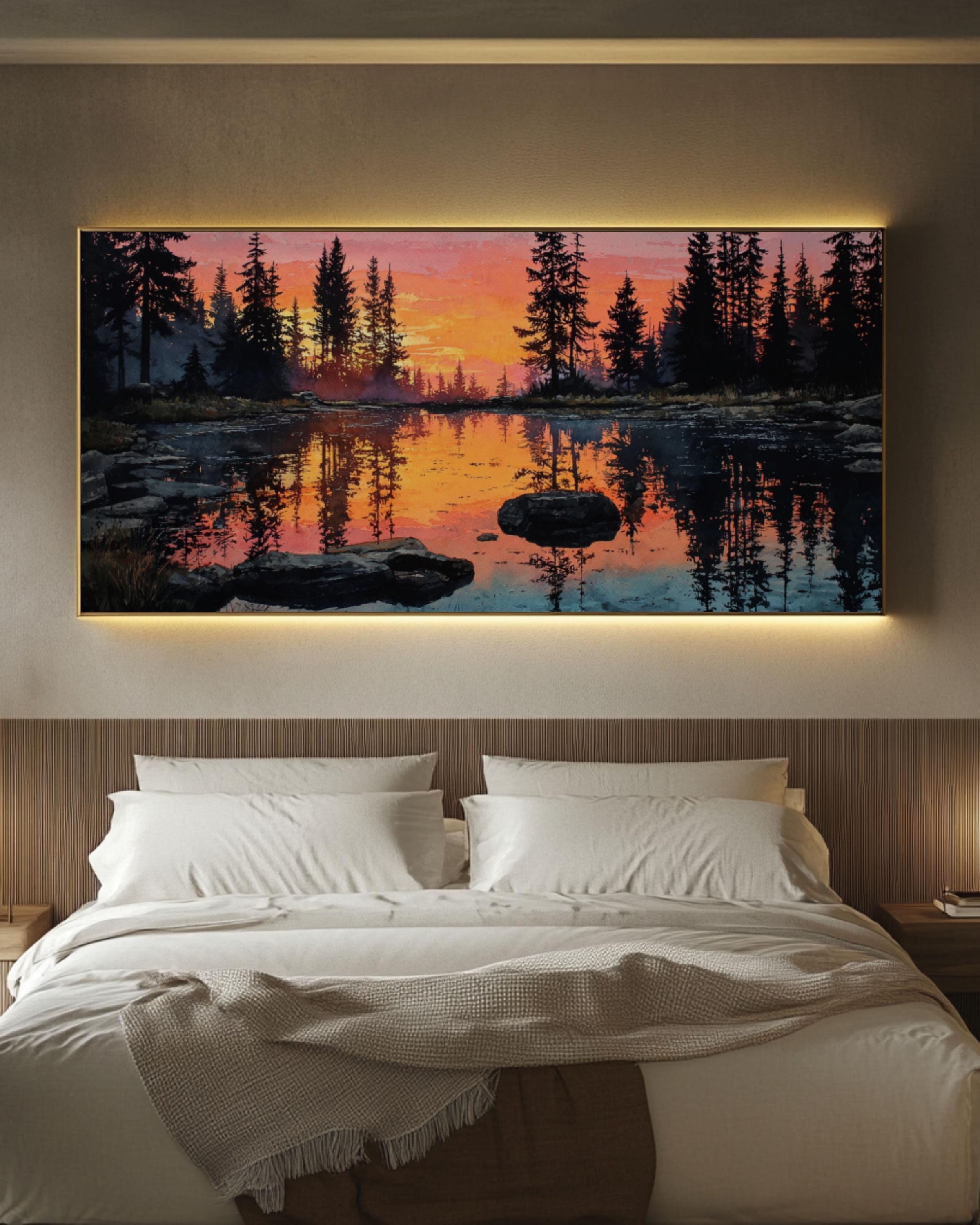 Watercolor Sunset Lake Canvas Print: Serene Pine Forest Wall Art - Etsy