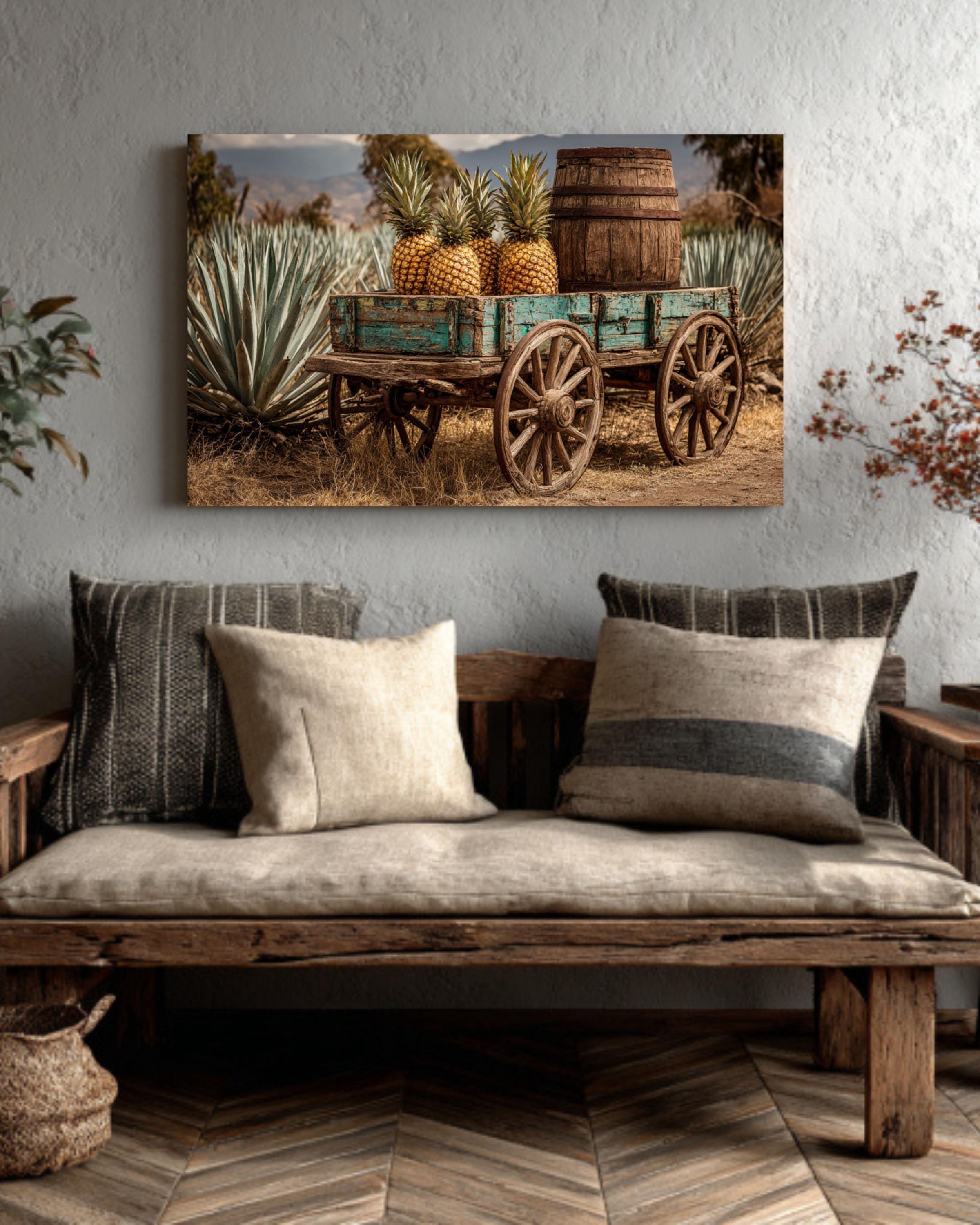 Rustic Tequila Cart Painting – Vintage Wooden Wagon With