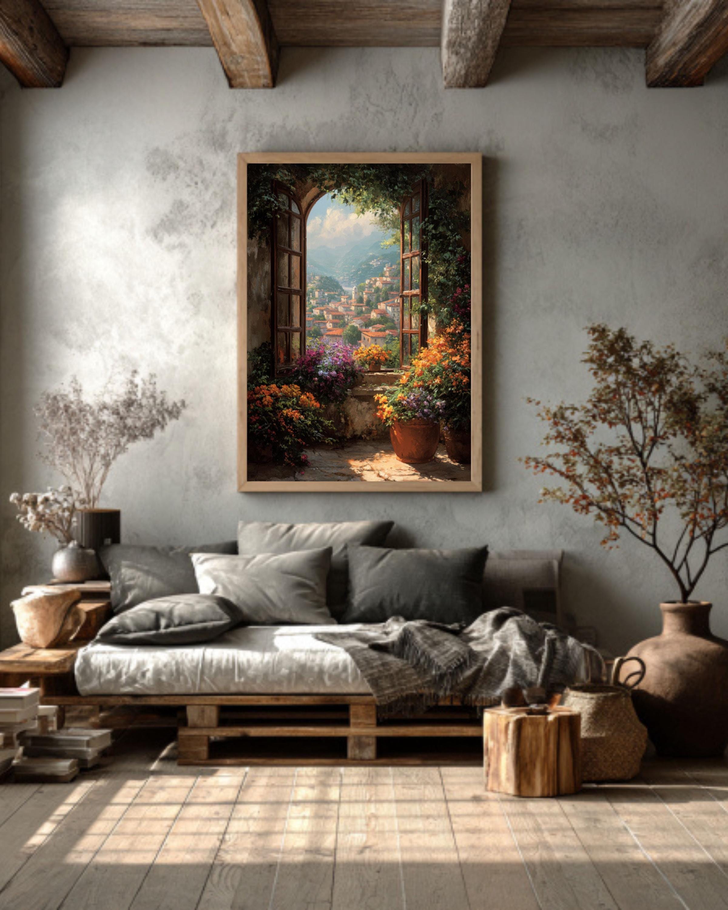 Rustic Window With Flowers Art – Cottage Village View, Floral Wall