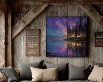 Starry Night Lake Canvas Art: Rustic Cabin Landscape Wall Decor