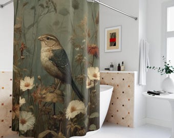 Rustikaler Duschvorhang mit Vogel und Wildblumen - Gedämpfte neutrale Töne, ruhige Naturszene, ruhiges Bauernhaus-Badezimmerdekor