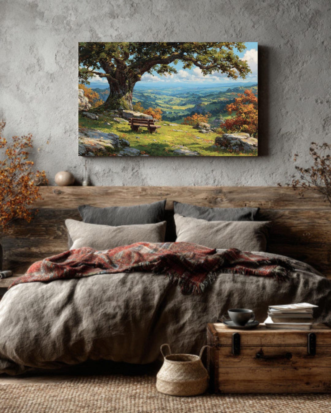 Rustic Oak Tree Wall Art – Autumn Landscape Painting With Wooden Bench ...