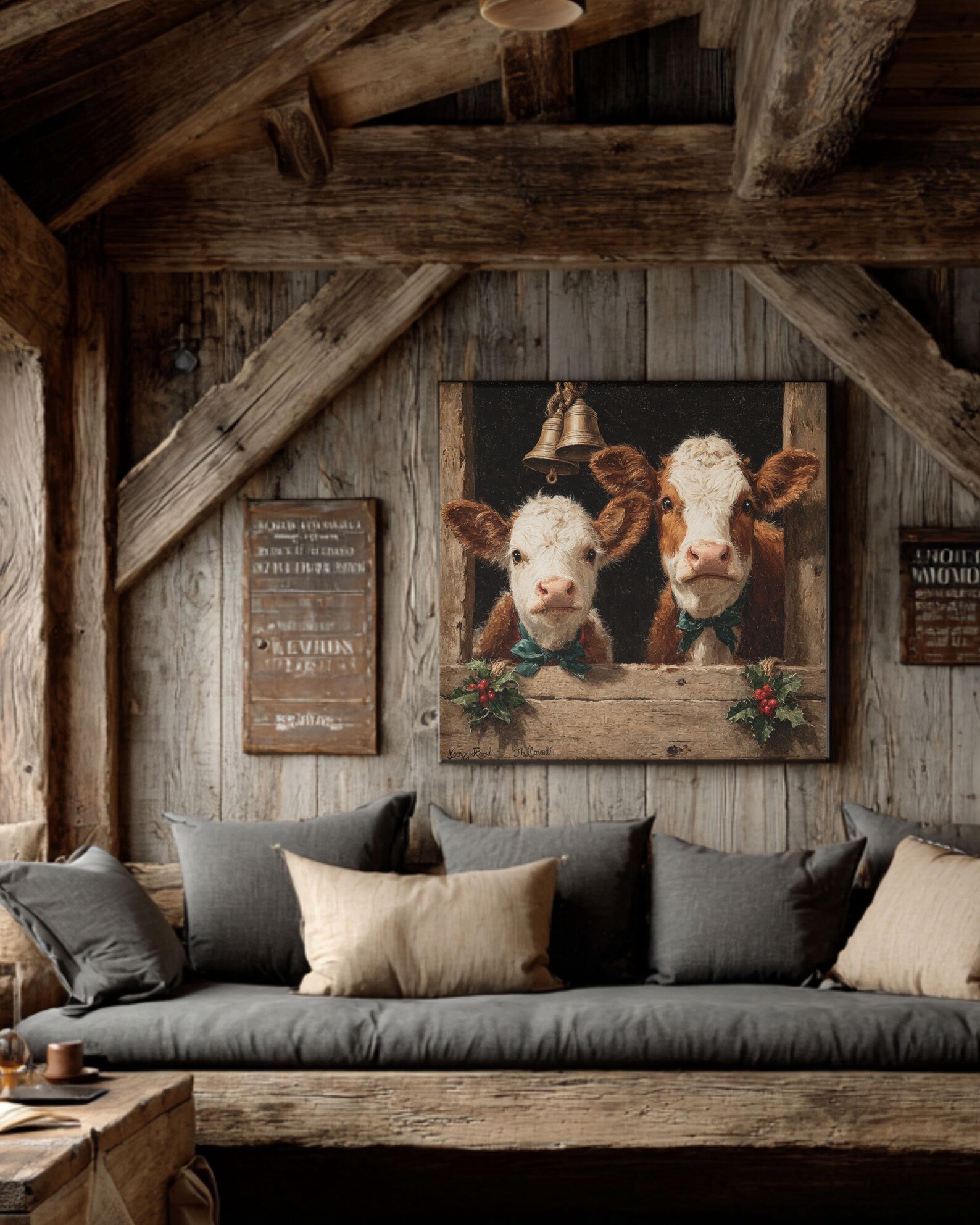 Rustic Christmas Barn Cow Canvas Art: Farmhouse Holiday Print - Etsy