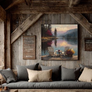 Adirondack Chairs Lake Canvas Art: Rustic Cabin Wall Decor
