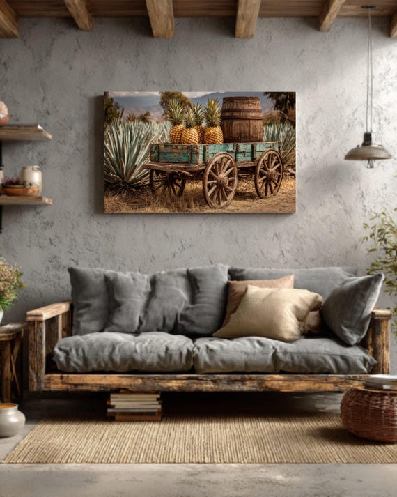 Rustic Tequila Cart Painting – Vintage Wooden Wagon With
