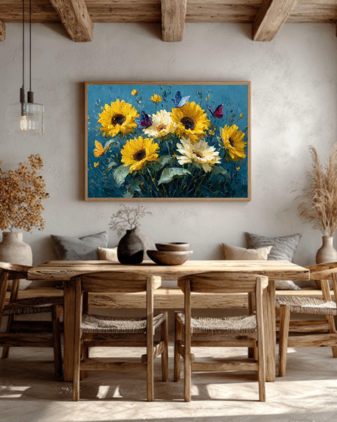Sunflowers & Butterflies Wall Art – Oil Painting Canvas With Yellow ...